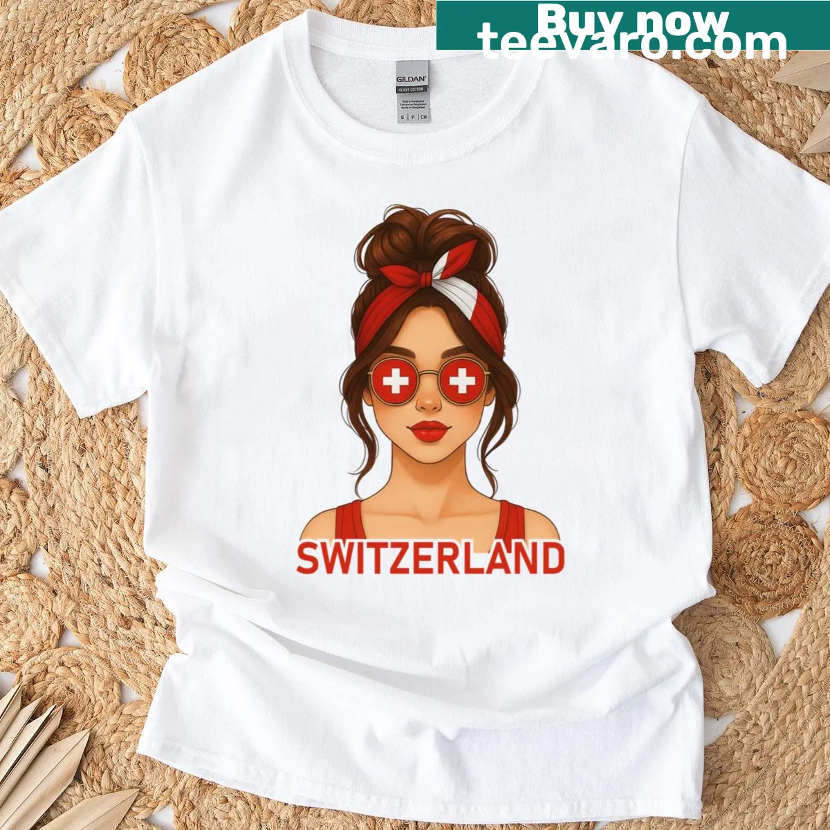 Brunette girl with Switzerland flag illustration t-shirt — on a men's t-shirt