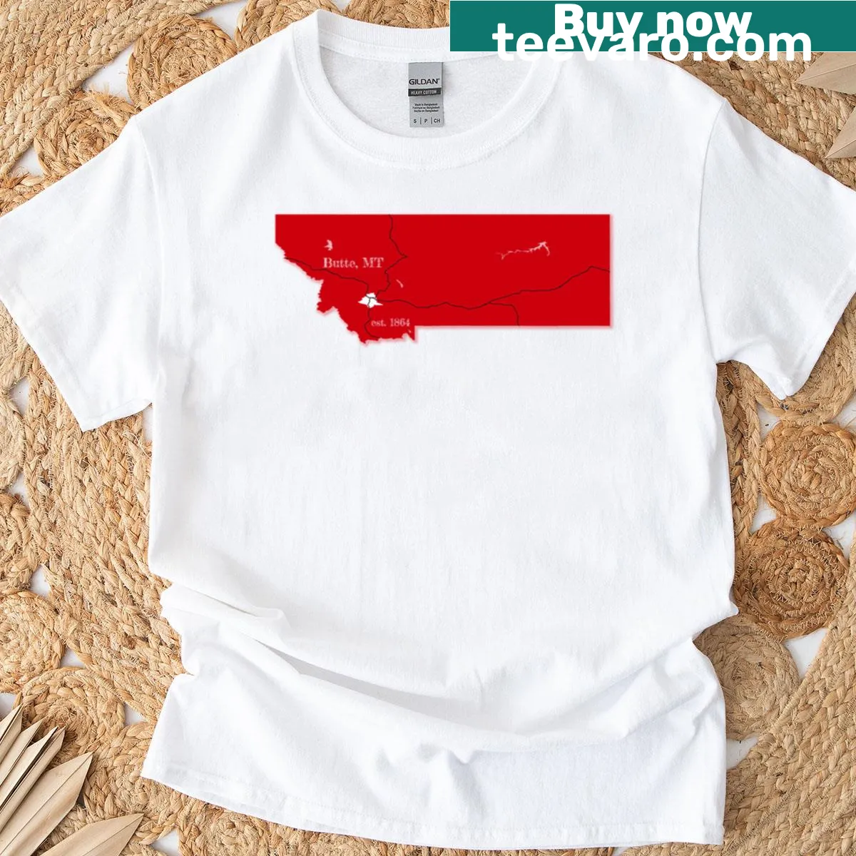 Graphic T-shirt depicting Butte Mountain in red design — on a men's t-shirt