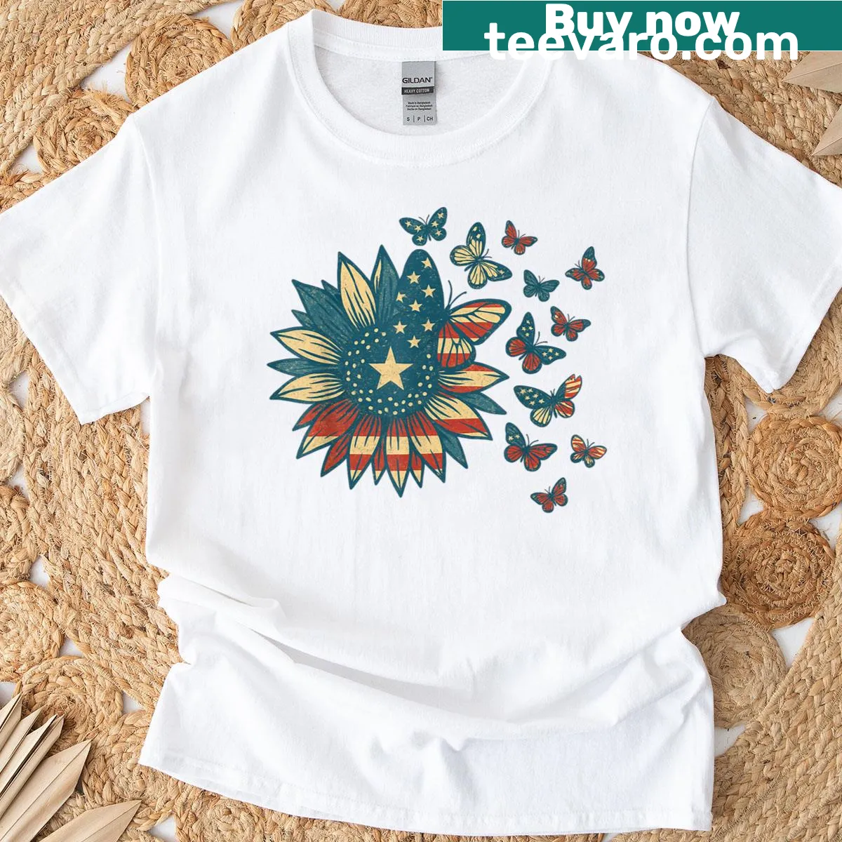 T-shirt with butterfly, flowers, and USA flag art for Fourth of July — on a men's t-shirt