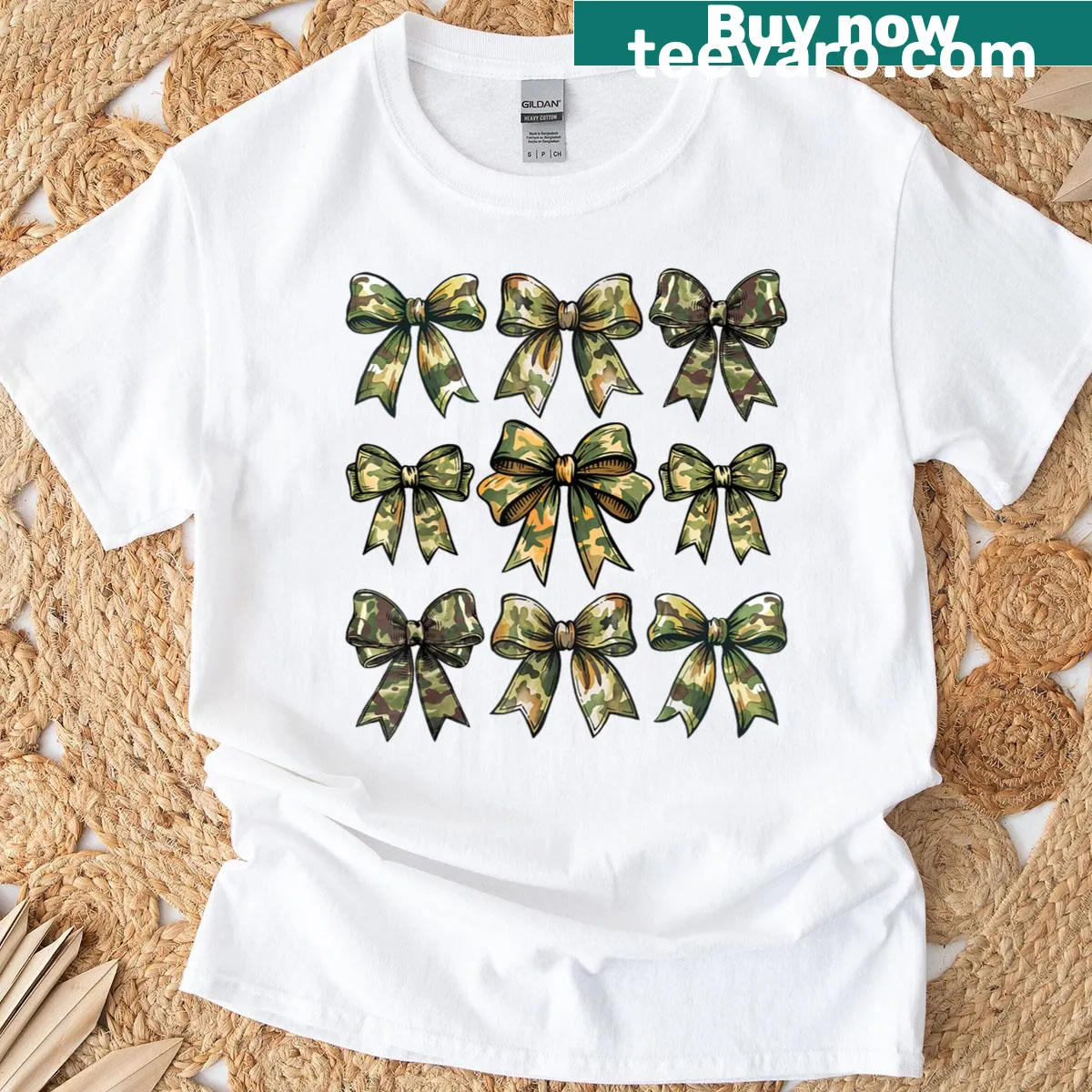 Women's T-shirt with camo bow and playful hunting theme — on a men's t-shirt