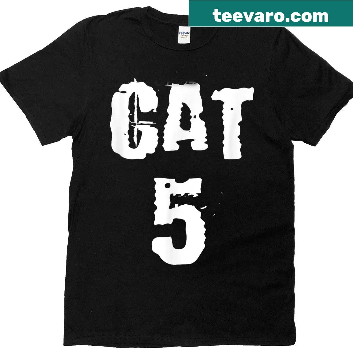 T-shirt featuring 'Cat 5 Hurricane Chaser' graphic for storm enthusiasts. — on a men's t-shirt