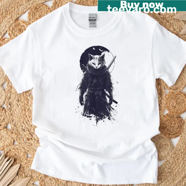 Fierce Cat Ninja Warrior with katana and moon design on T-shirt