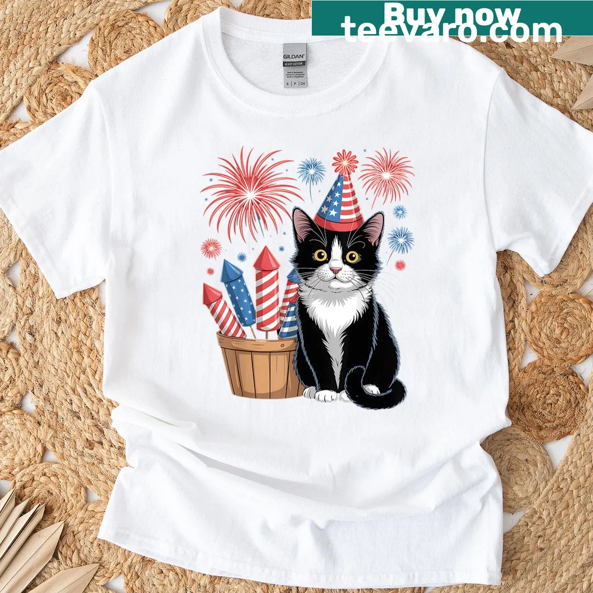 T-shirt featuring cats, American flags, and fireworks for July 4th. — on a men's t-shirt
