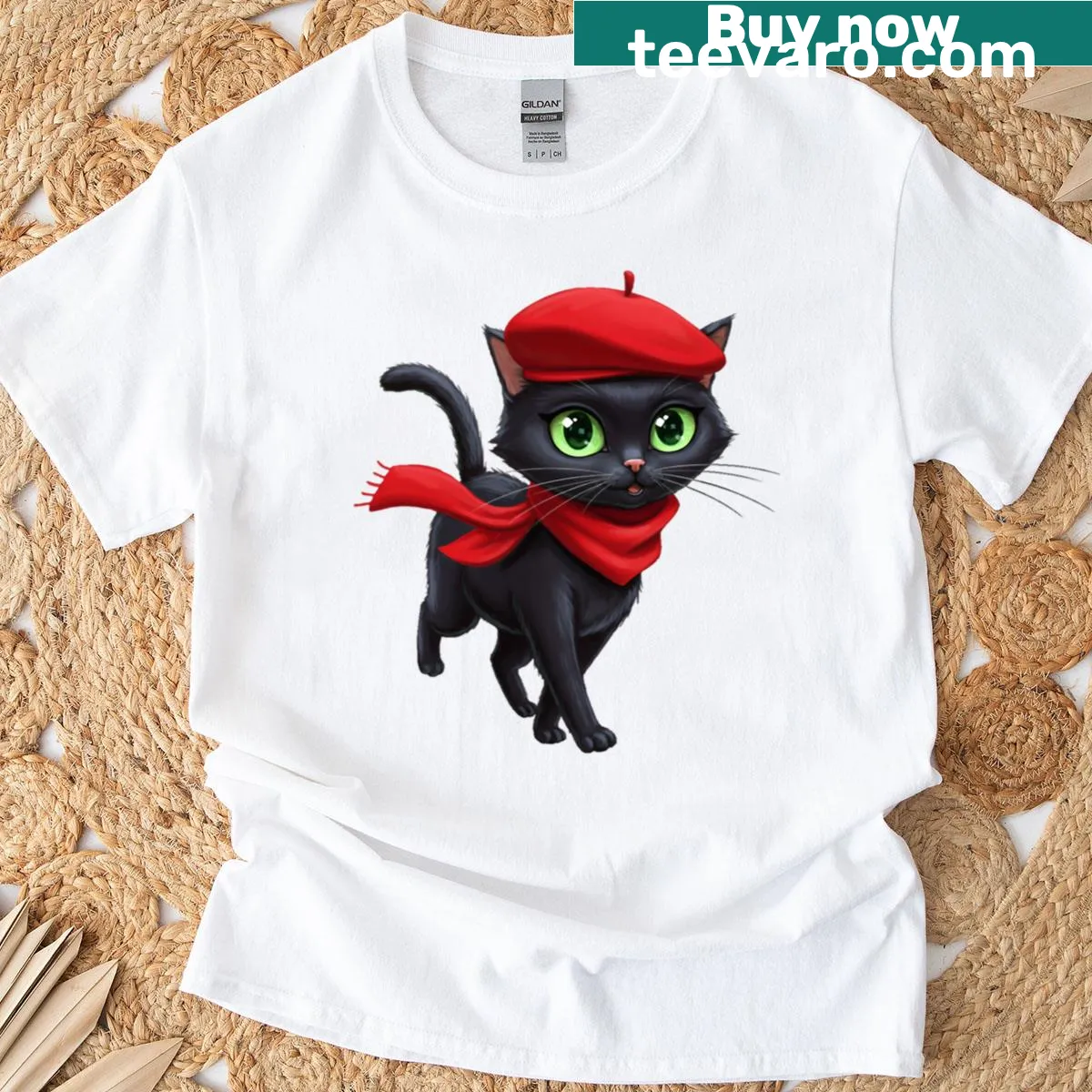 Cartoon black cat wearing a fedora and red scarf, showcasing Parisian style. — on a men's t-shirt