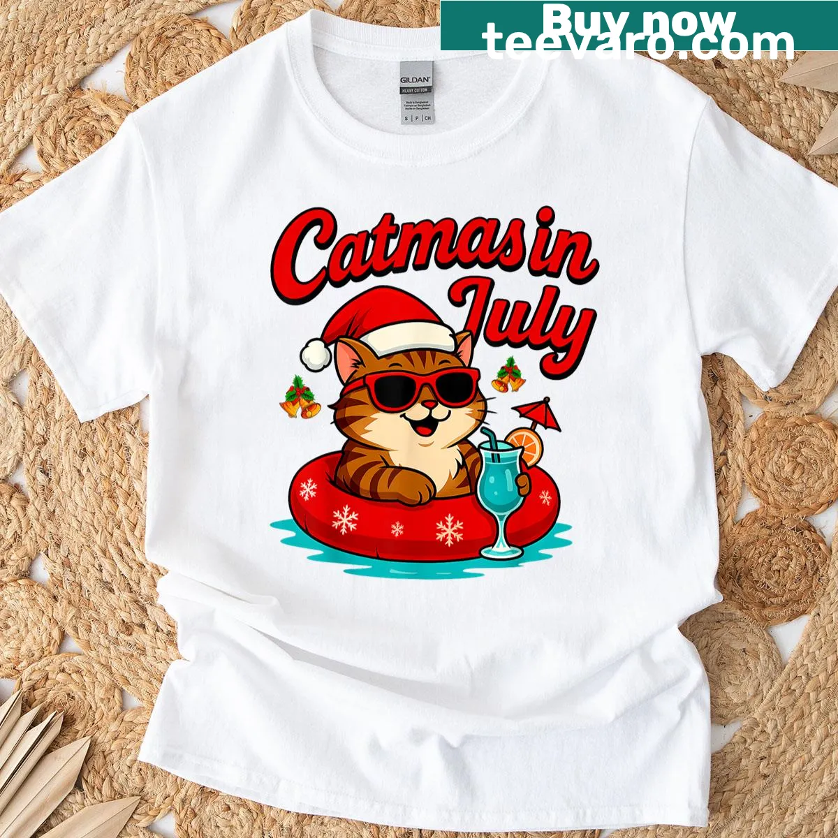T-shirt featuring a cat in a Santa hat on a float for a summer Christmas vibe. — on a men's t-shirt