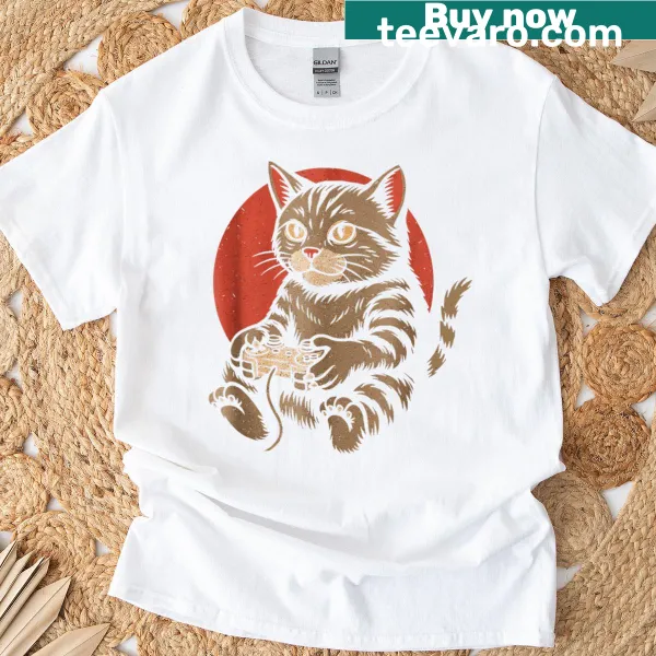 Graphic combining gaming and cats on a casual t-shirt