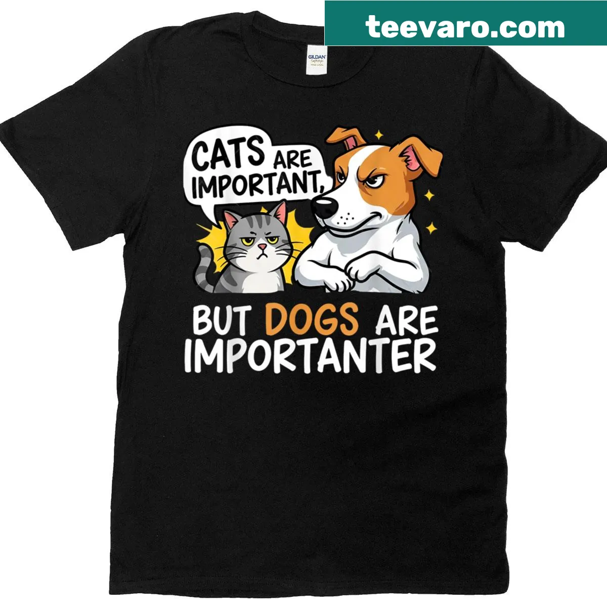 Humorous typography t-shirt declaring dogs are more important than cats — on a men's t-shirt