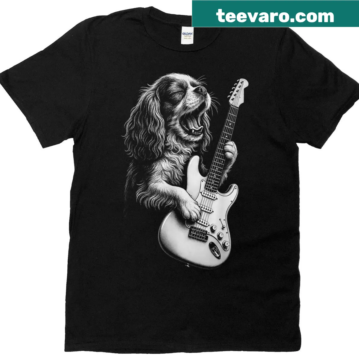 T-shirt featuring a Cavalier King Charles Spaniel playing guitar in a fun design. — on a men's t-shirt