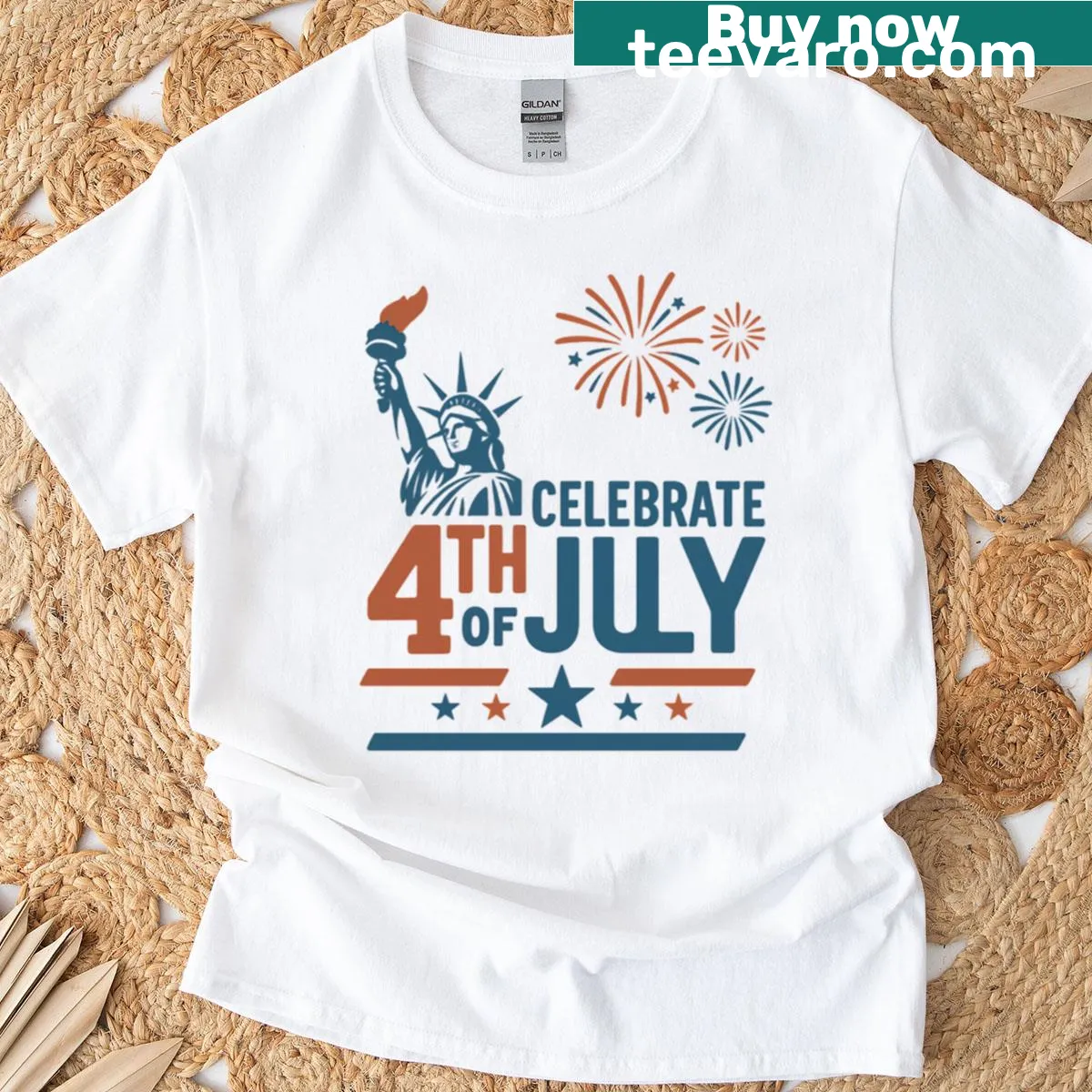 Fourth of July T-shirt with Statue of Liberty and fireworks — on a men's t-shirt