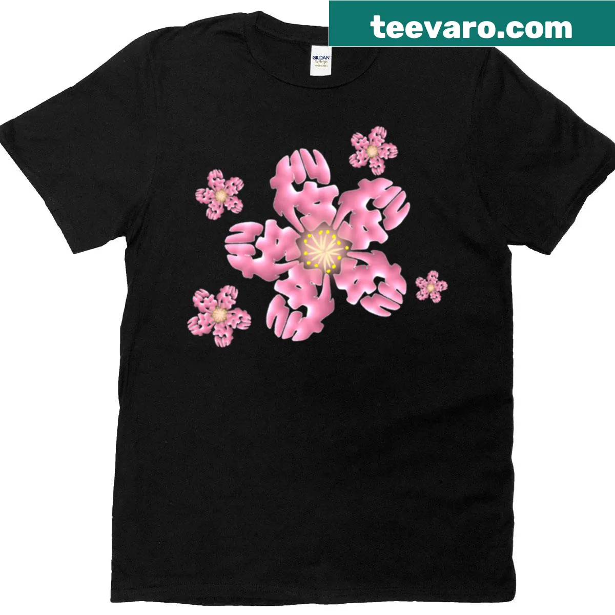 T-shirt featuring cherry blossoms and kanji characters illustration — on a men's t-shirt