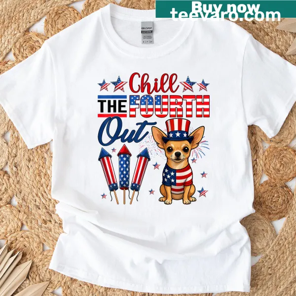 Chihuahua wearing American flag graphic for 4th of July