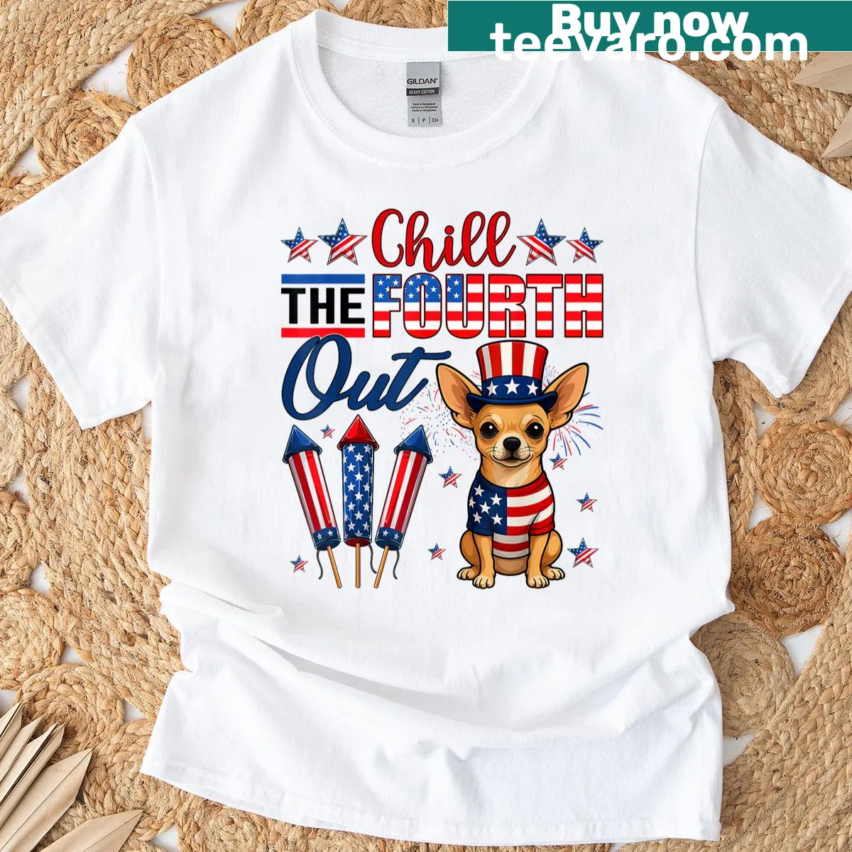 Chihuahua wearing American flag graphic for 4th of July — on a men's t-shirt