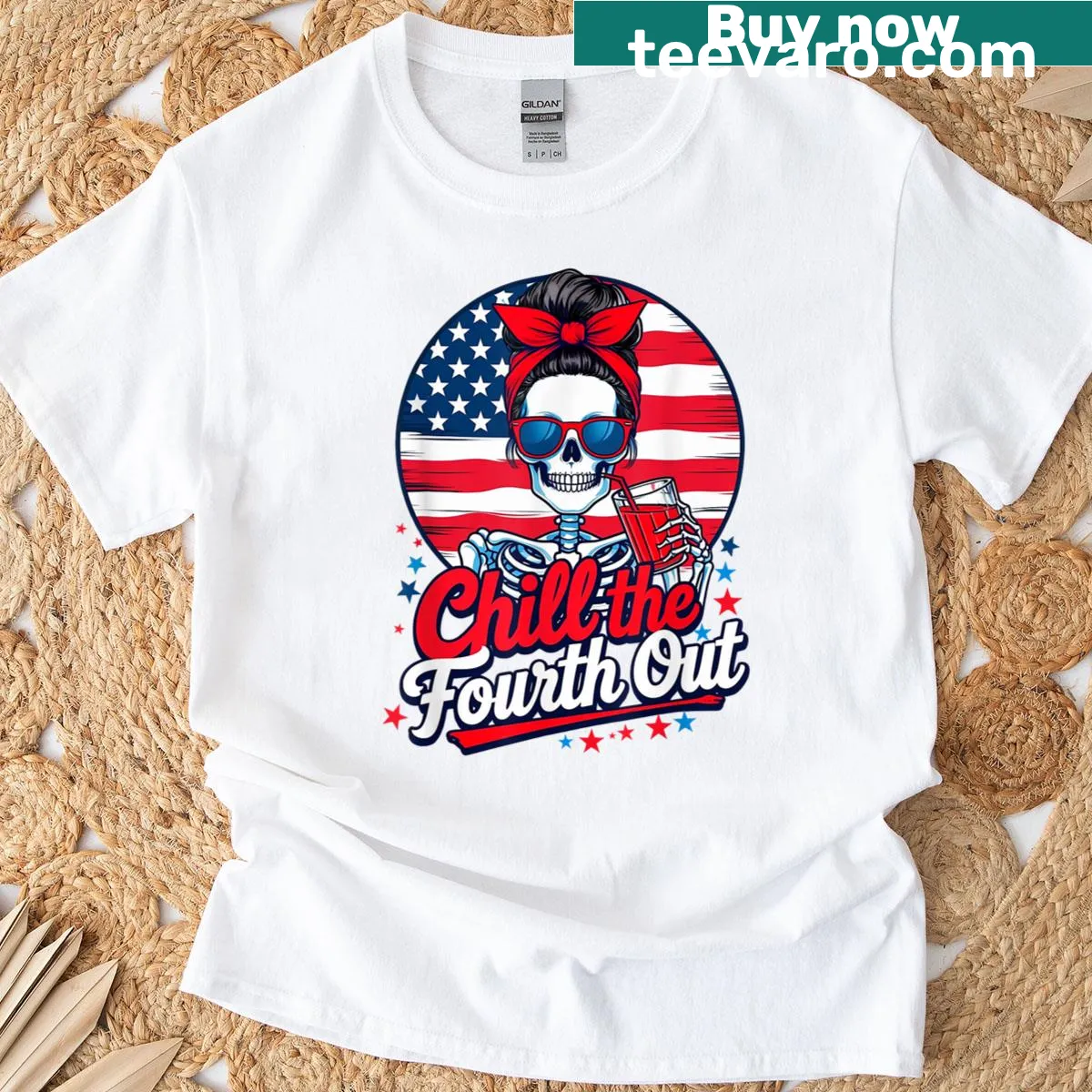 Funny skeleton graphic with patriotic elements for 4th of July — on a men's t-shirt