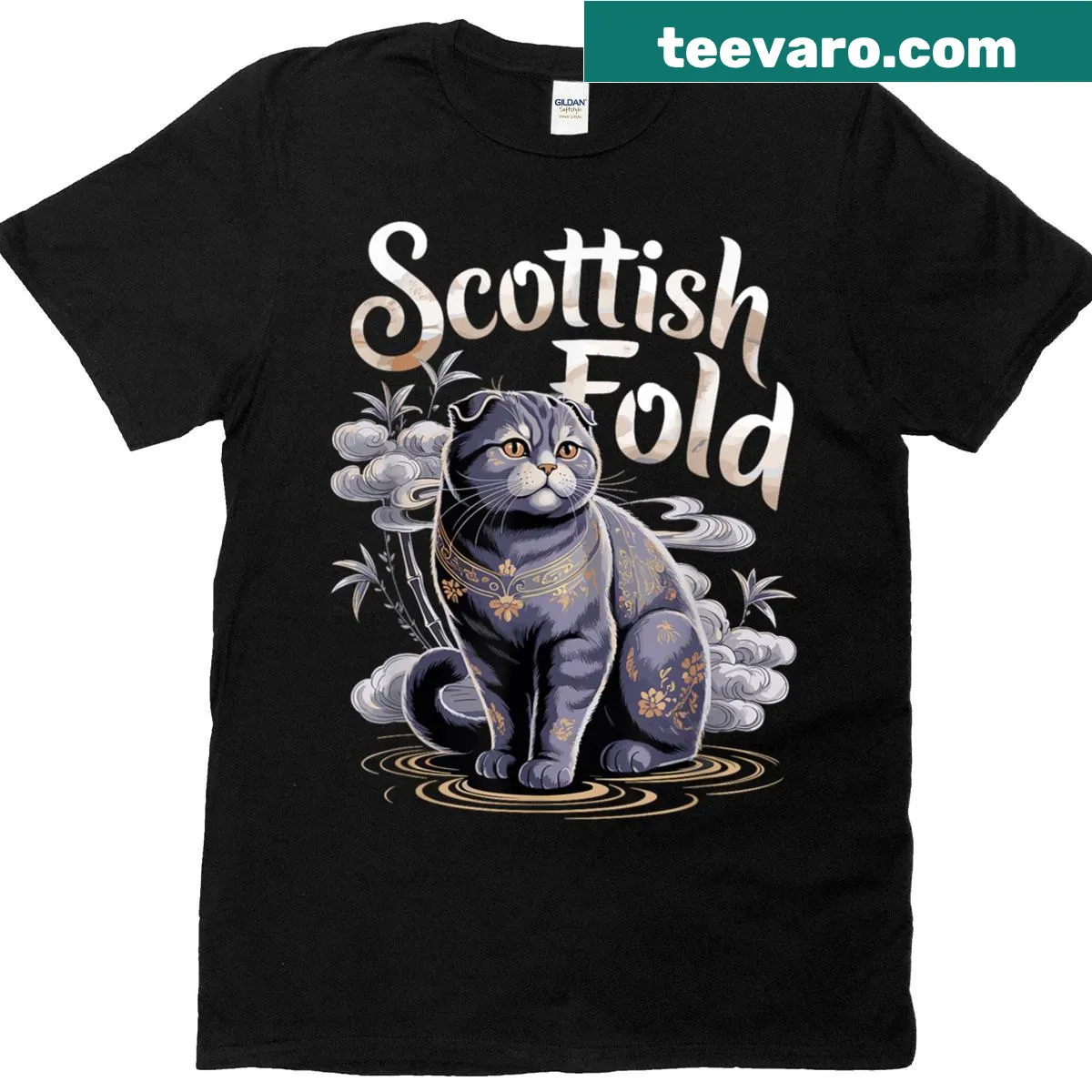 Scottish Fold cat design inspired by traditional Chinese art — on a men's t-shirt
