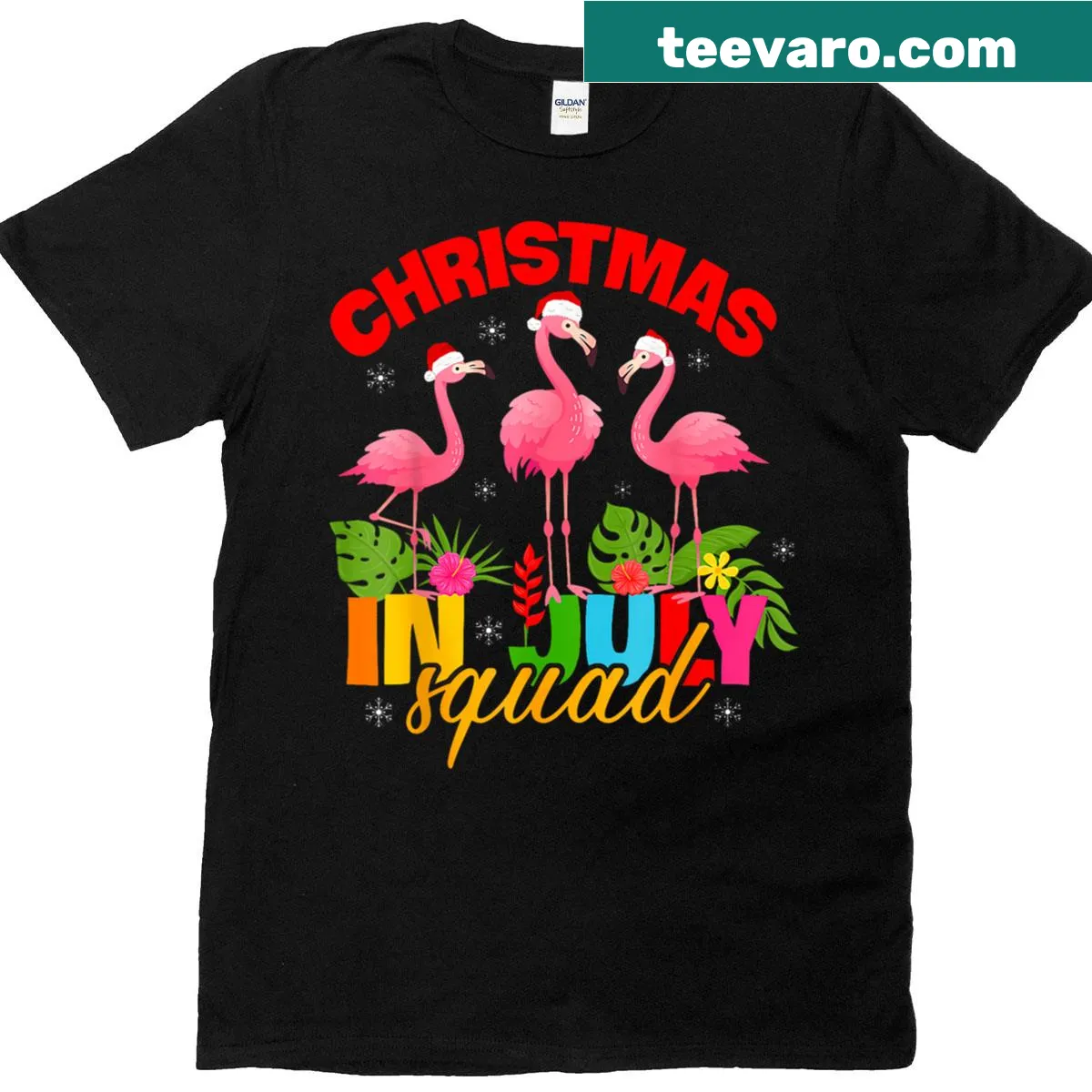 Fun t-shirt with flamingo in Santa hat for Christmas in July — on a men's t-shirt