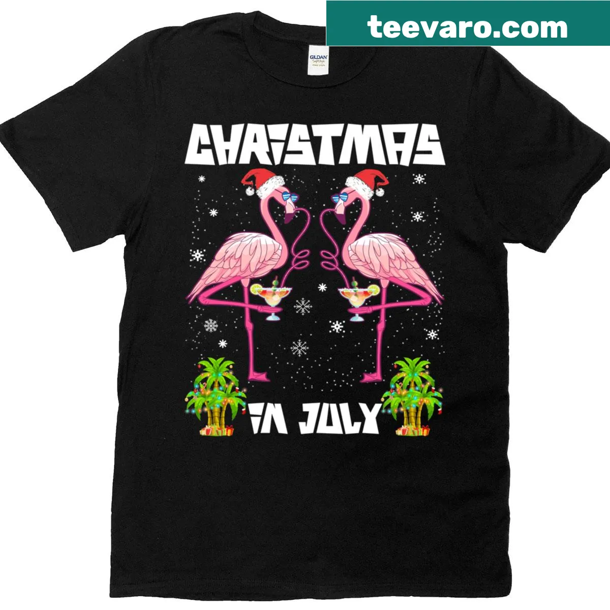 Tropical Christmas in July graphic with flamingos and palm trees — on a men's t-shirt