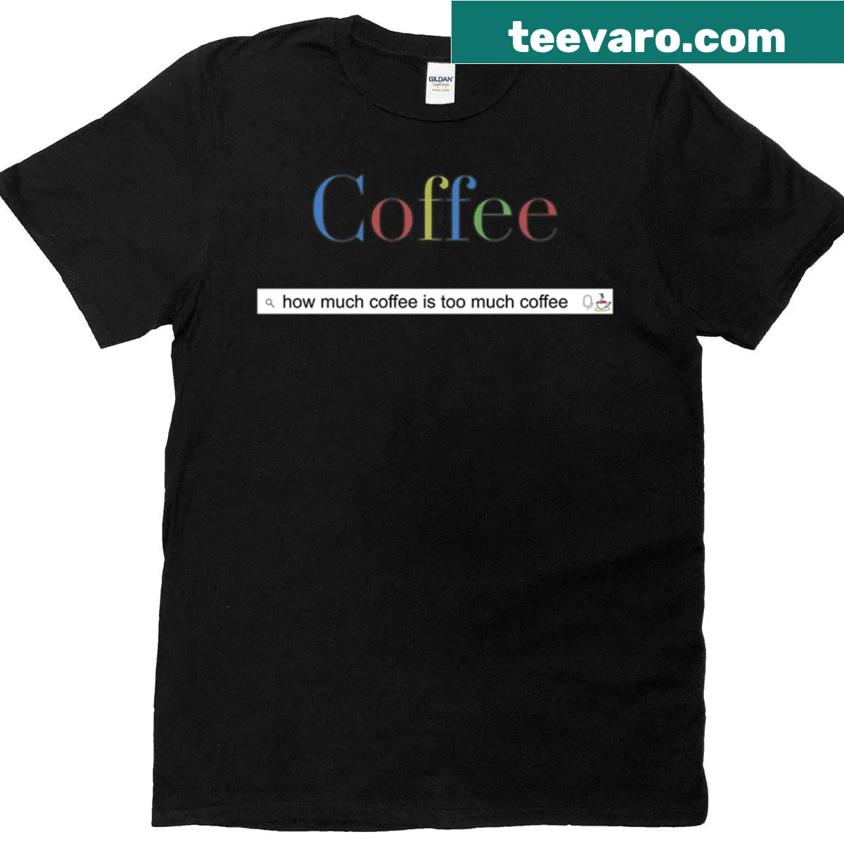 Playful graphic t-shirt depicting the quest for coffee — on a men's t-shirt