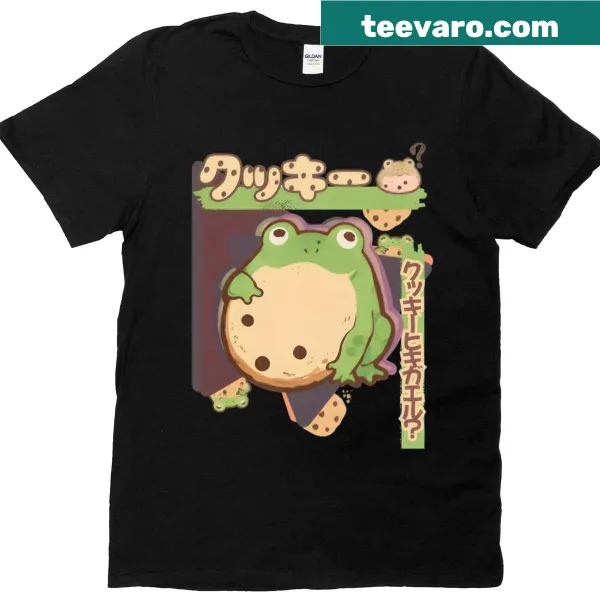 Cartoon frog surrounded by cookies on a playful t-shirt