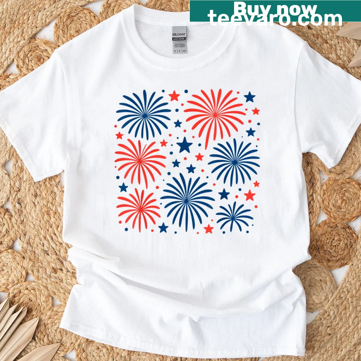 Fireworks graphic for matching couples on 4th of July — on a men's t-shirt