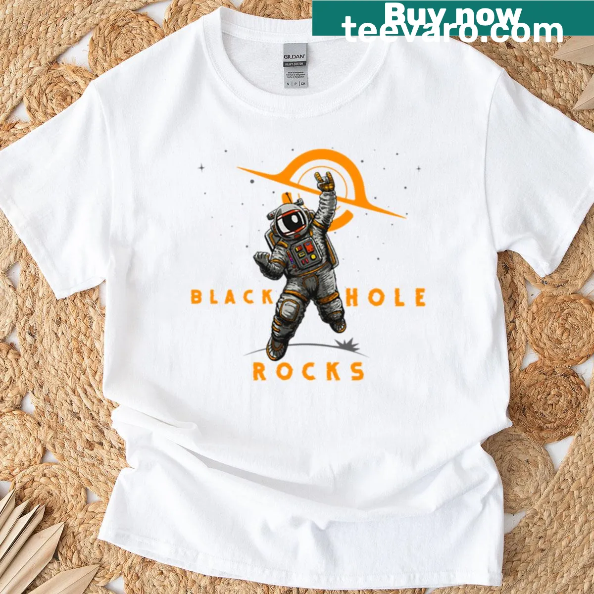 Astronaut making rock sign in space graphic — on a men's t-shirt
