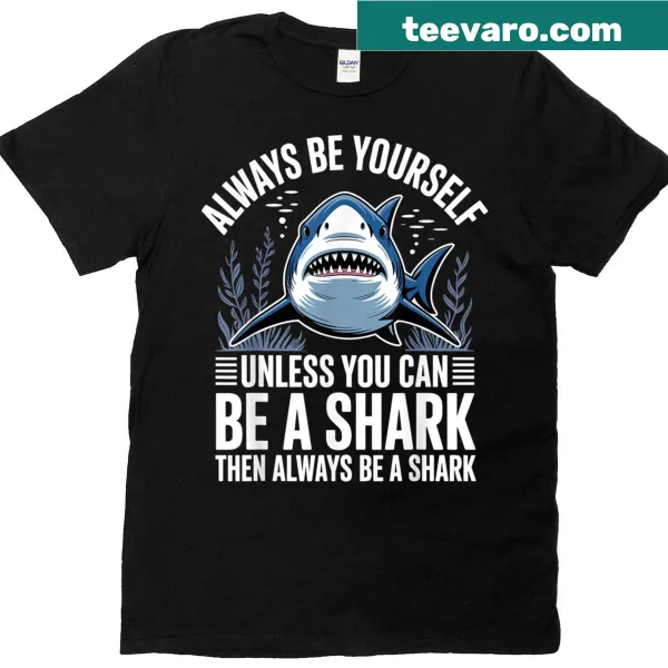 Illustrated T-shirt featuring Great White and Hammerhead sharks.