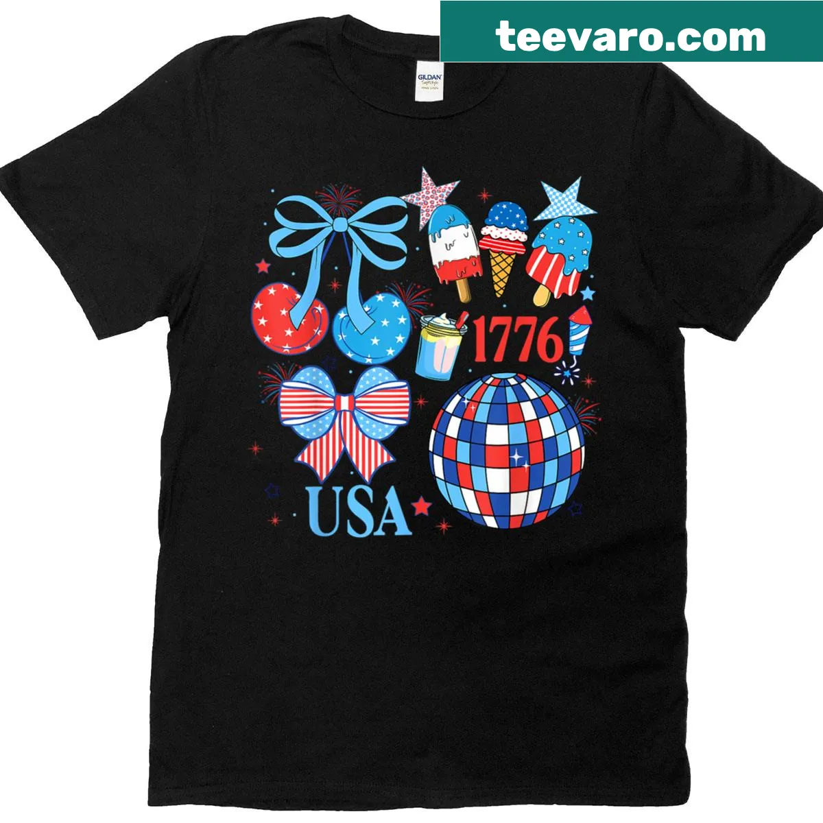 Patriotic T-shirt with bow design and American flag for July 4th — on a men's t-shirt