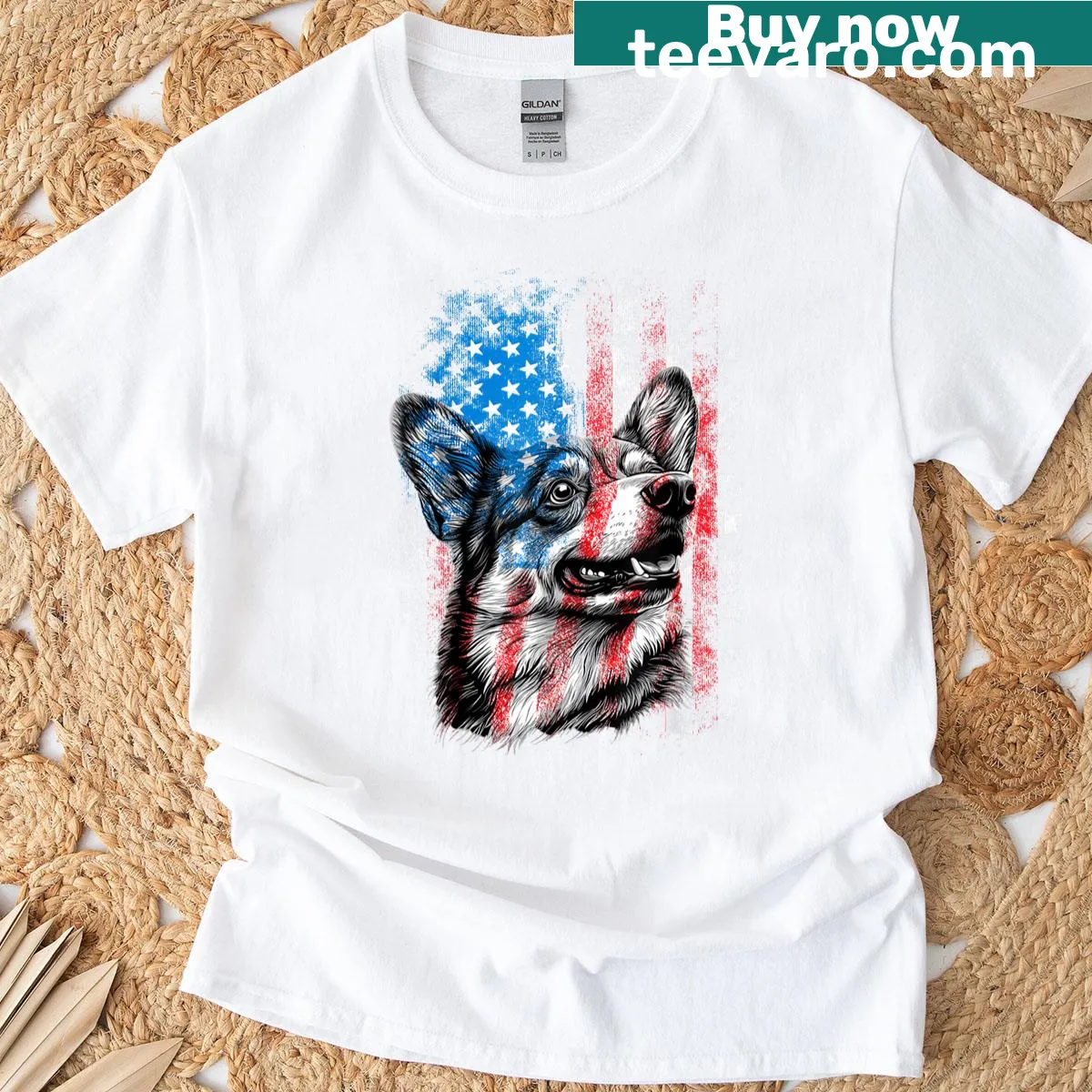 T-shirt with a Corgi illustration and American flag design — on a men's t-shirt
