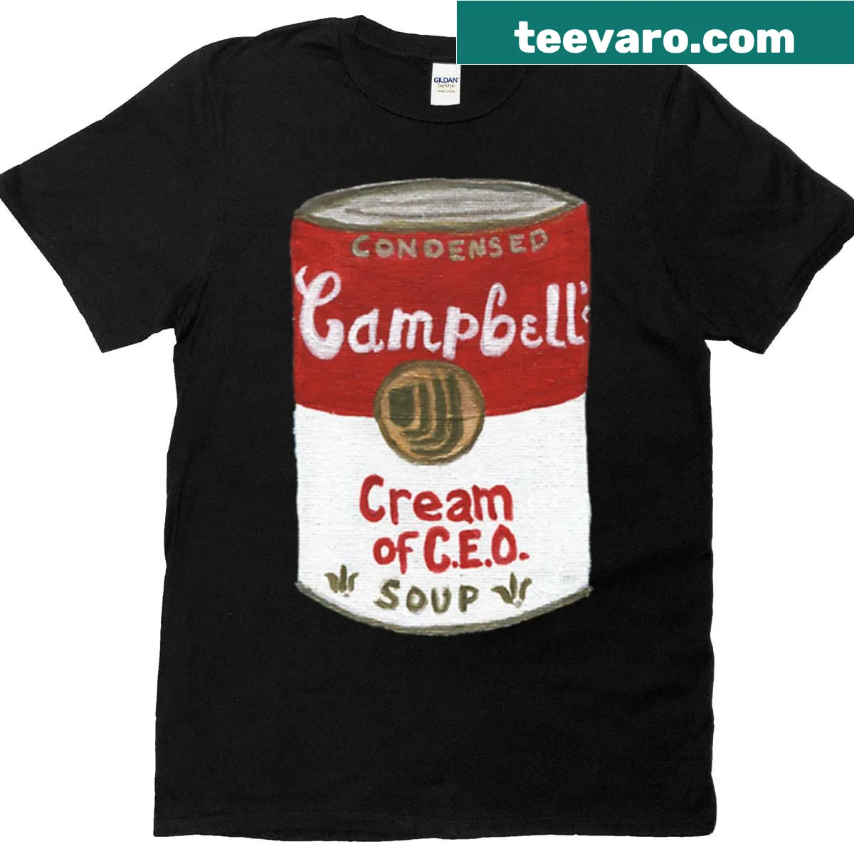 Satirical pop art T-shirt featuring 'Cream of CEO Soup' design — on a men's t-shirt
