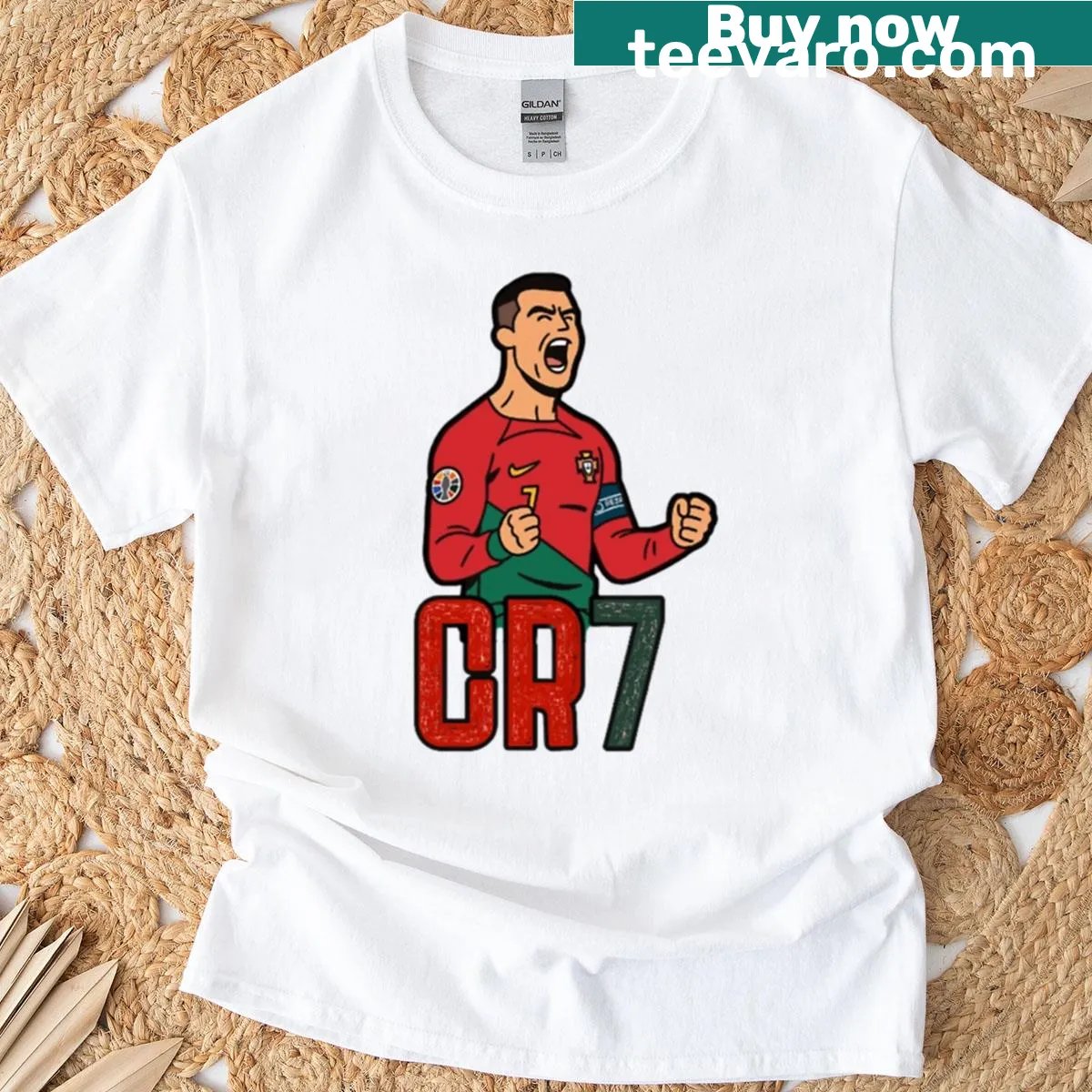 Cartoon T-shirt featuring Cristiano Ronaldo celebrating with Portugal themes — on a men's t-shirt