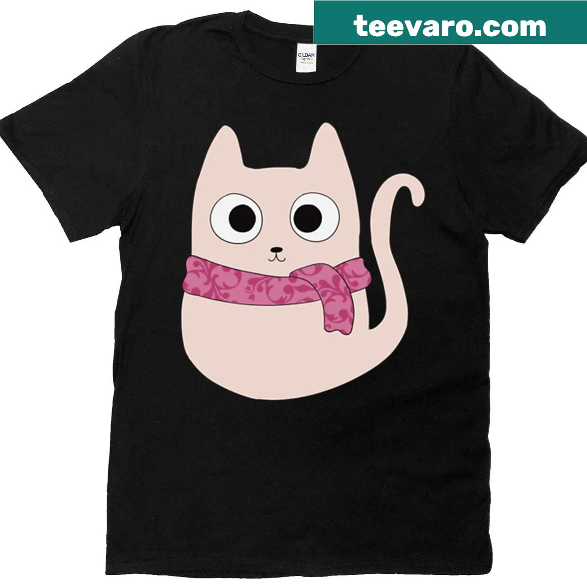 T-shirt featuring a cute kitty with a pink scarf illustration — on a men's t-shirt