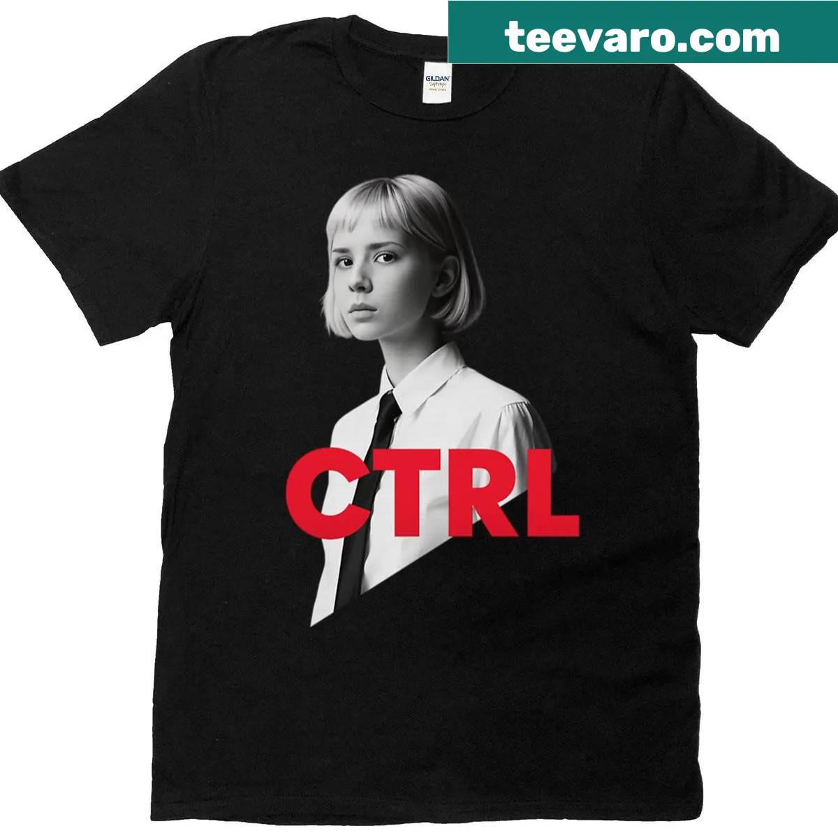 Humorous T-shirt with Ctrl She Doesn't Blink graphic — on a men's t-shirt