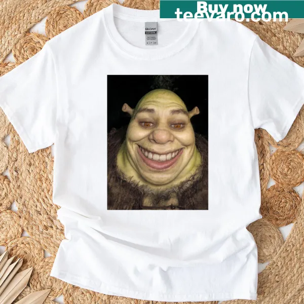 Photorealistic depiction of a cursed Shrek on a T-shirt