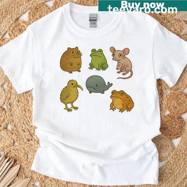 Playful doodles of cute ugly animals on a T-shirt