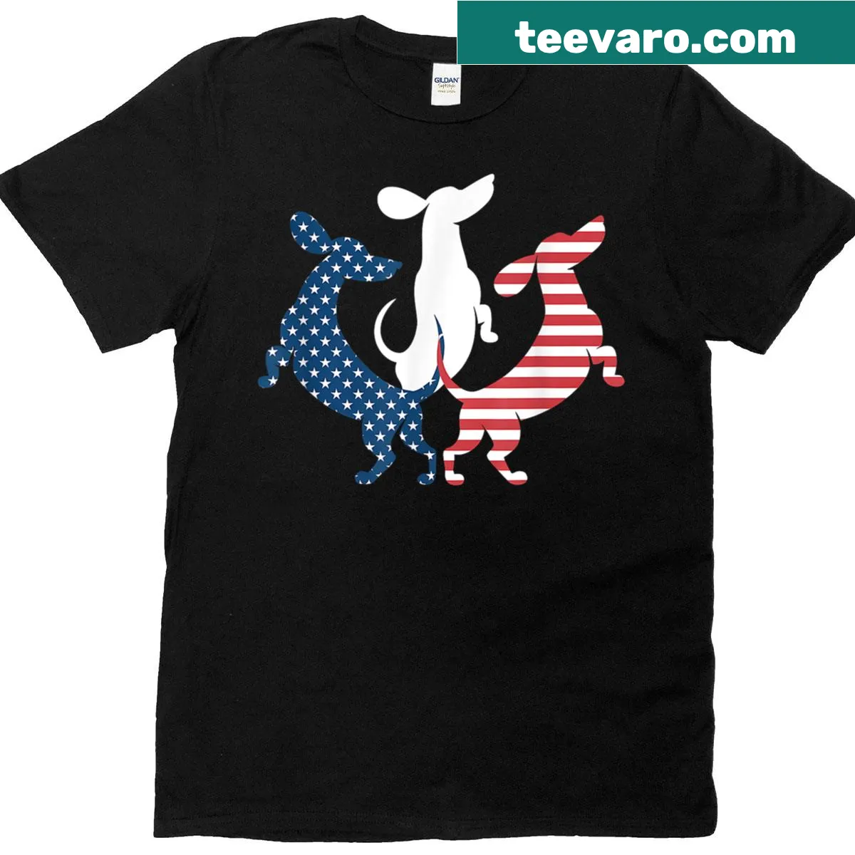 Dachshund T-shirt with American flag graphic for Fourth of July — on a men's t-shirt