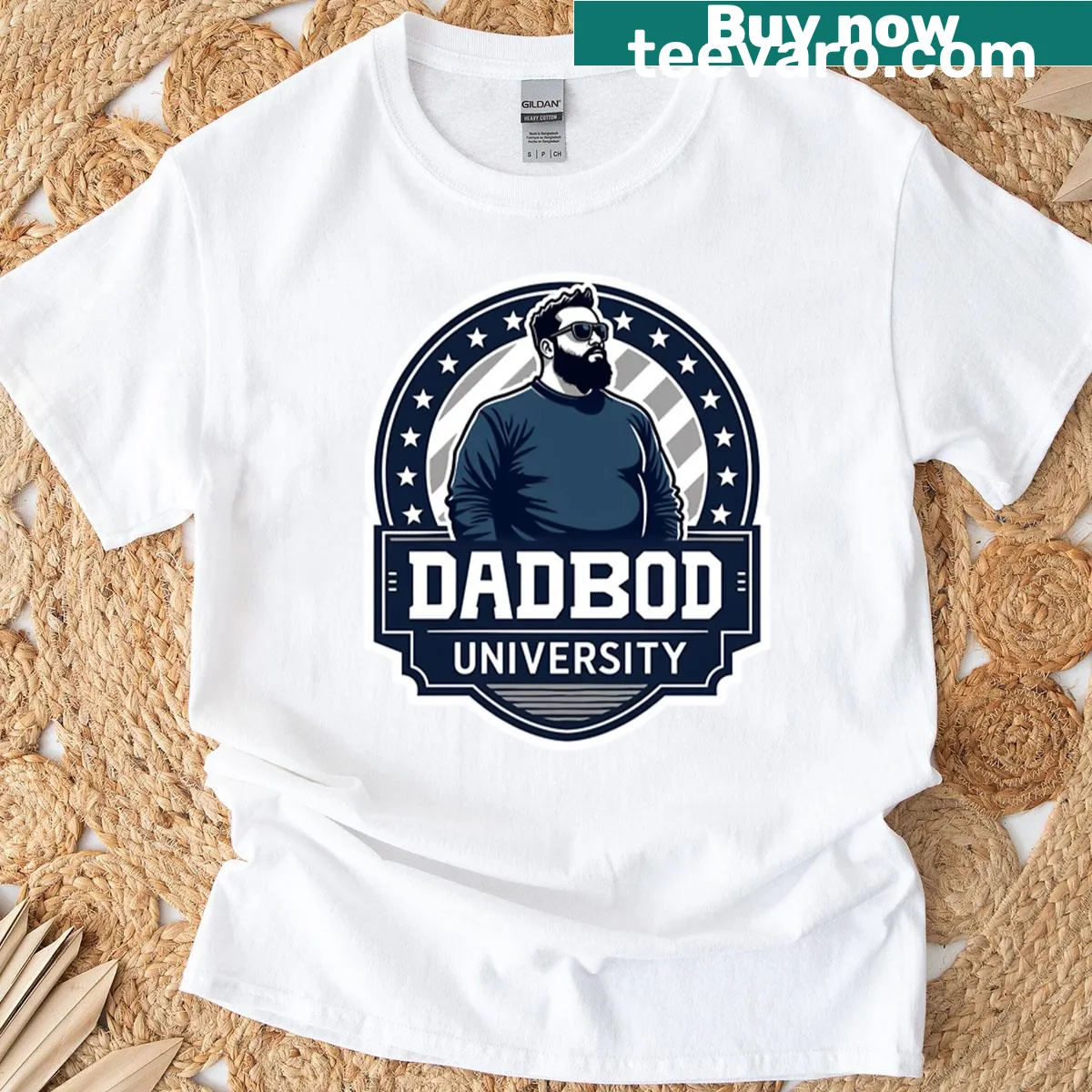 Funny Dad Bod University t-shirt with playful graphic — on a men's t-shirt