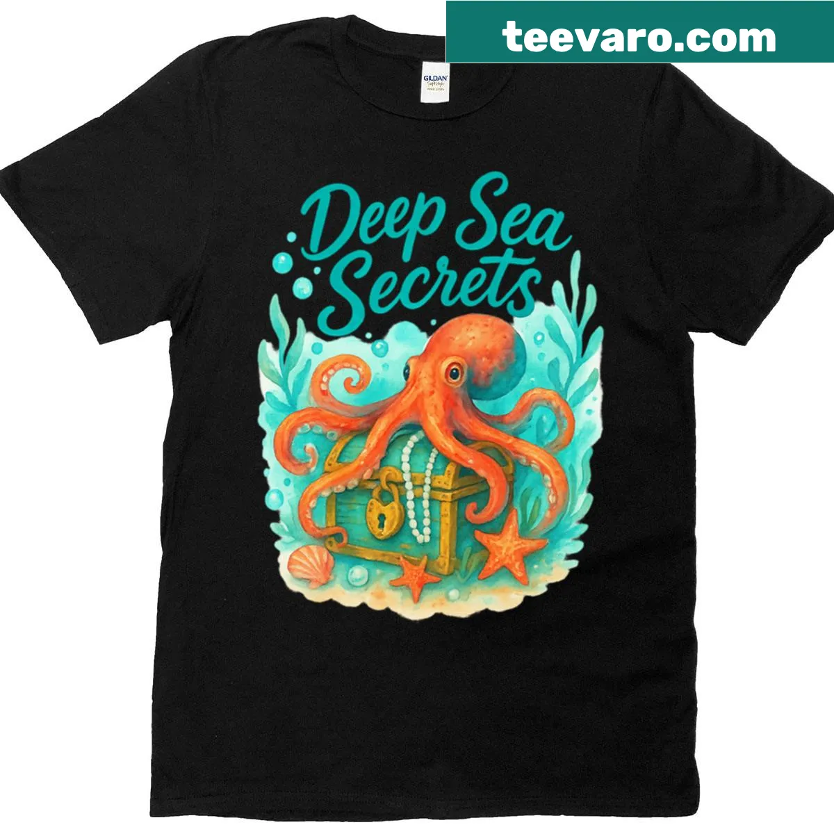 T-shirt featuring an octopus with a treasure chest design. — on a men's t-shirt