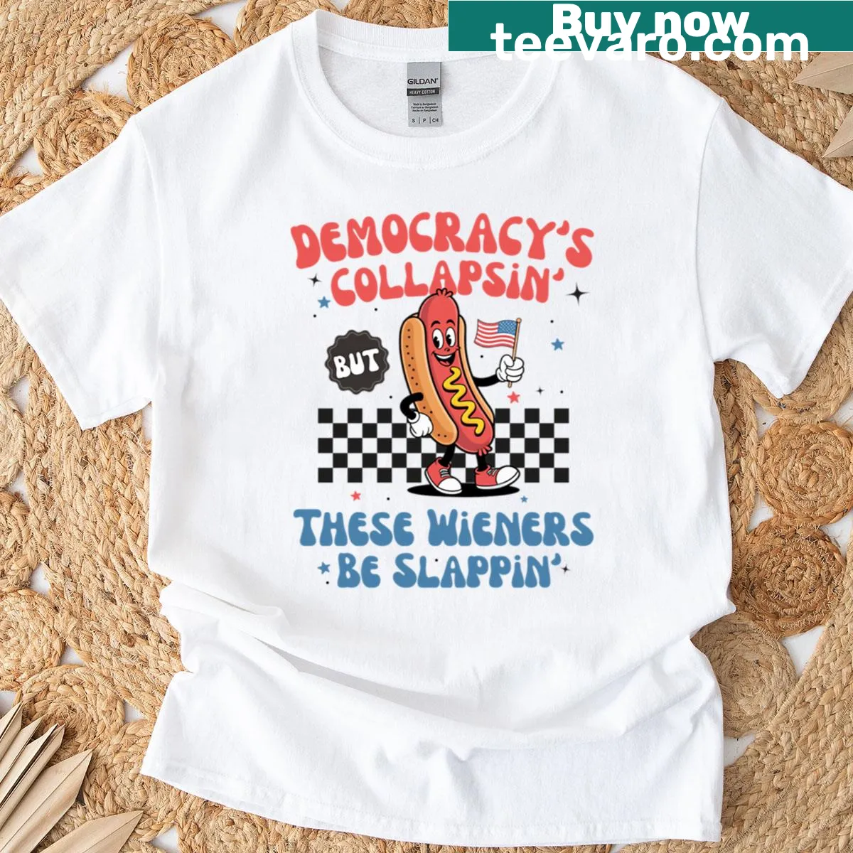 Humorous T-shirt with political satire and BBQ theme — on a men's t-shirt