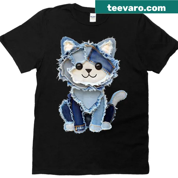 Cute blue cat with stars design illustrated on denim patch T-shirt