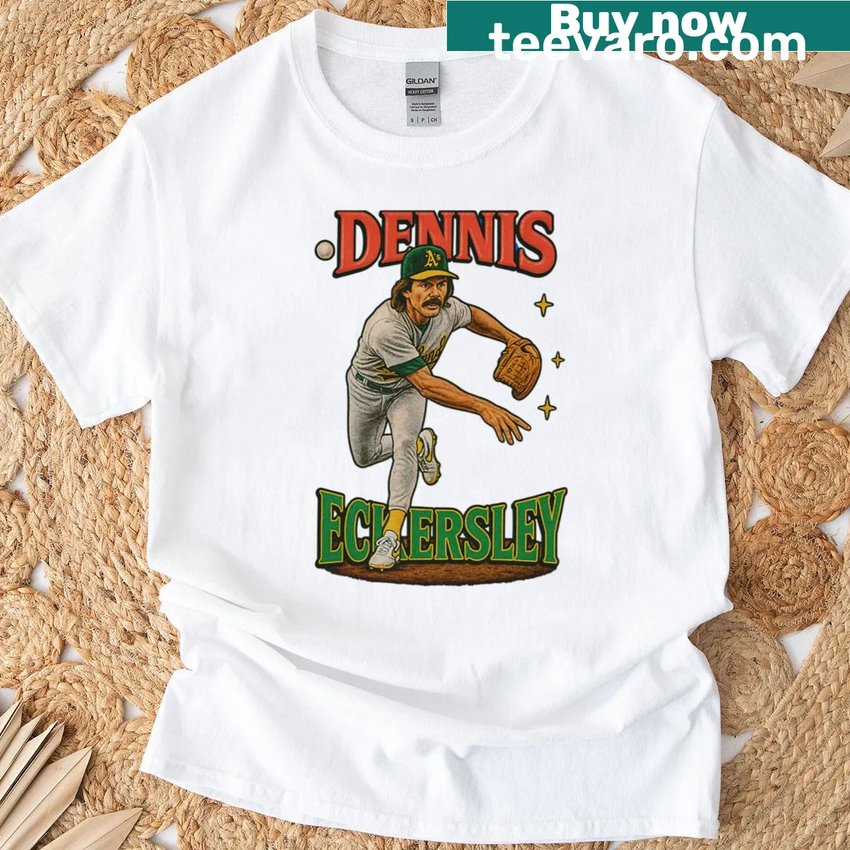 Vintage-style T-shirt featuring a retro design of baseball player Dennis Eckersley — on a men's t-shirt