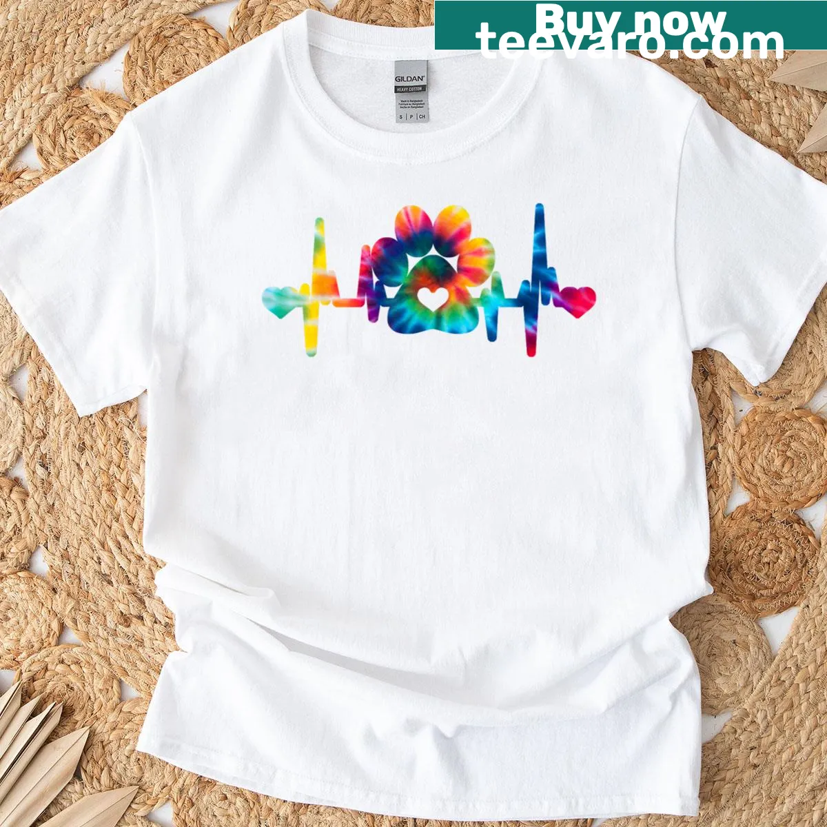 Heartbeat line with dog paw print design for dog lovers — on a men's t-shirt
