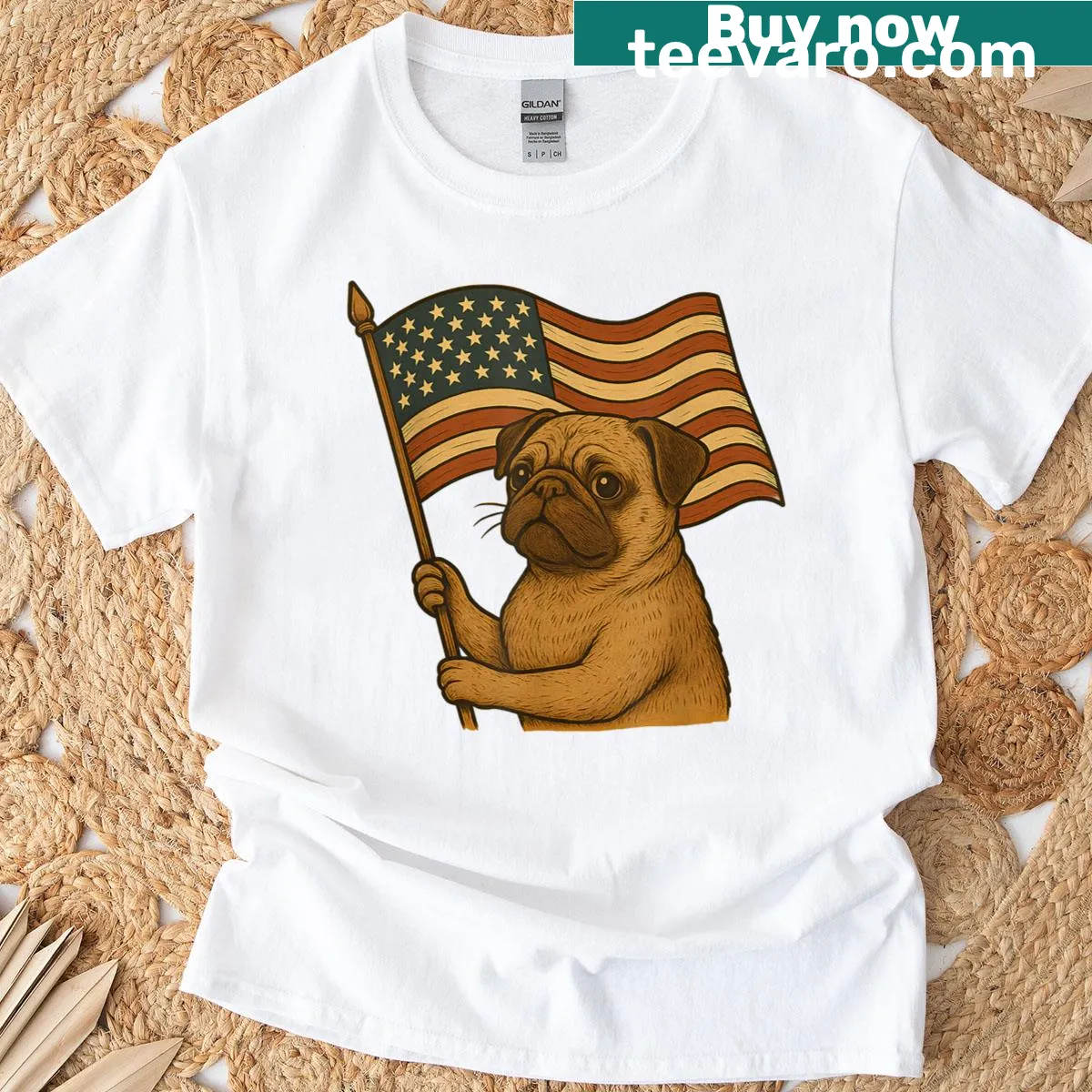 Pug illustration with American flag design for Fourth of July — on a men's t-shirt