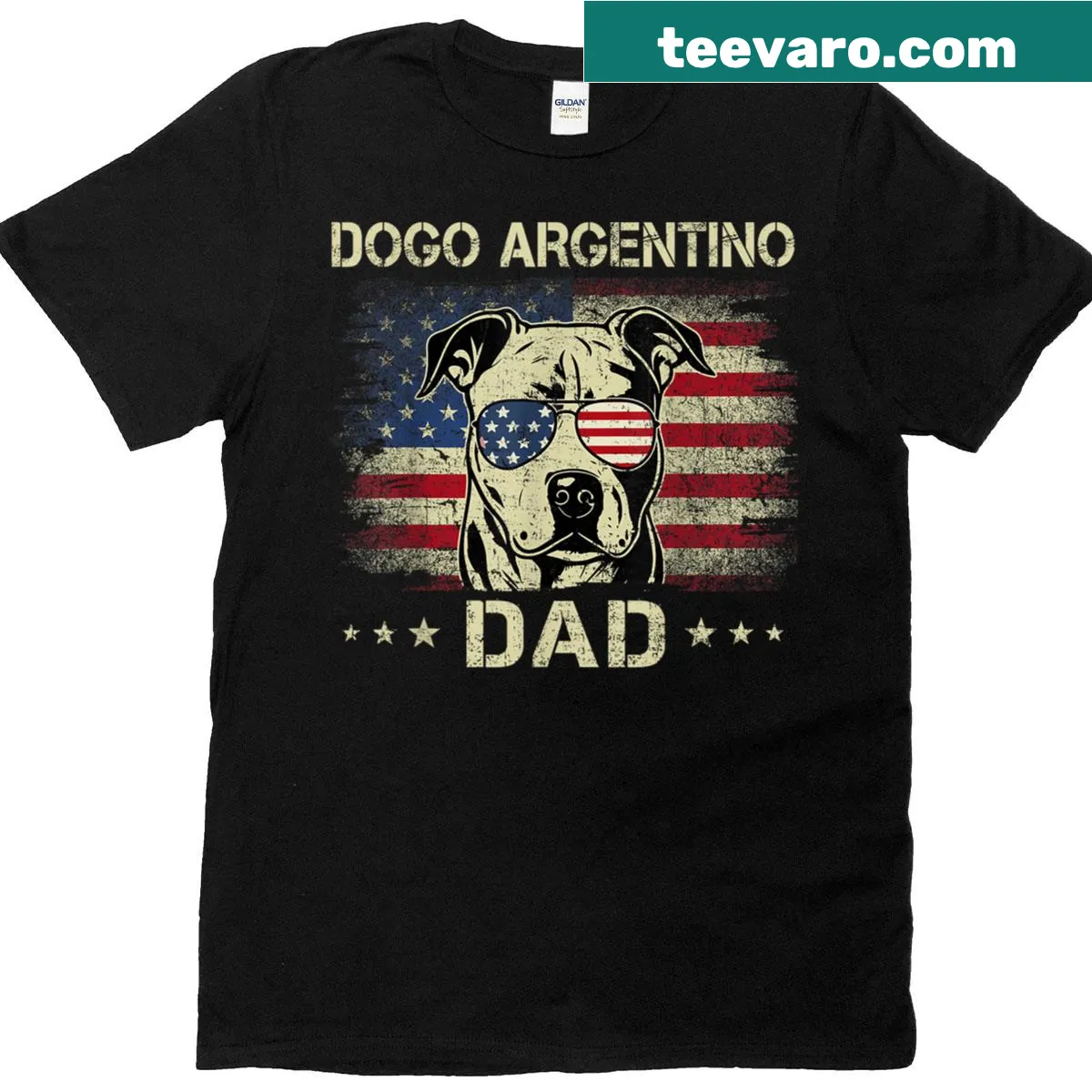 Dogo Argentino with American flag for 4th of July t-shirt — on a men's t-shirt