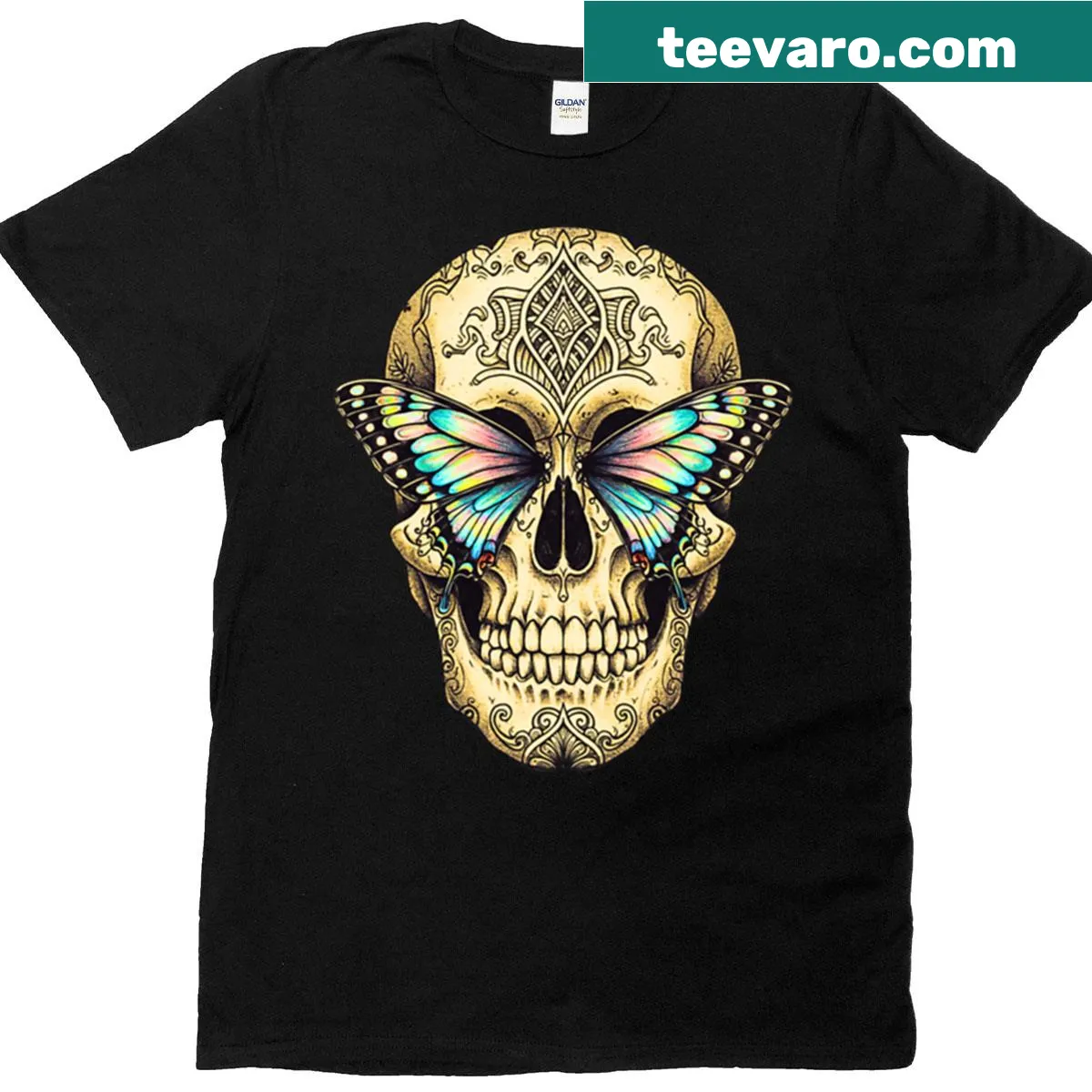 Skull with butterfly in the eyes illustrated on an edgy T-shirt — on a men's t-shirt