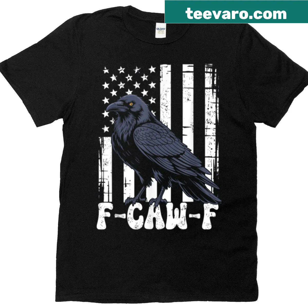 Vintage-style T-shirt with black crow and retro USA flag design — on a men's t-shirt
