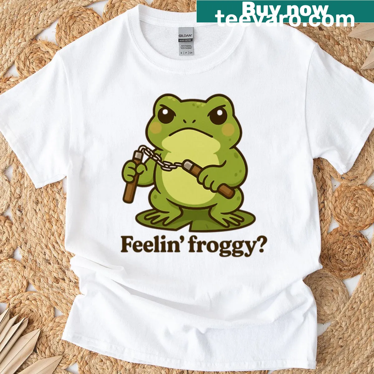 Whimsical frog illustration on a fun t-shirt design. — on a men's t-shirt