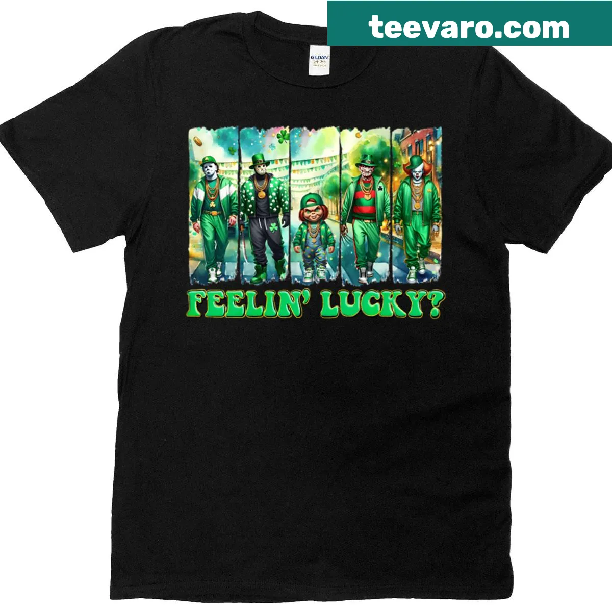 Humorous St. Patrick's Day T-shirt with 'Feelin Lucky' text and horror graphics — on a men's t-shirt