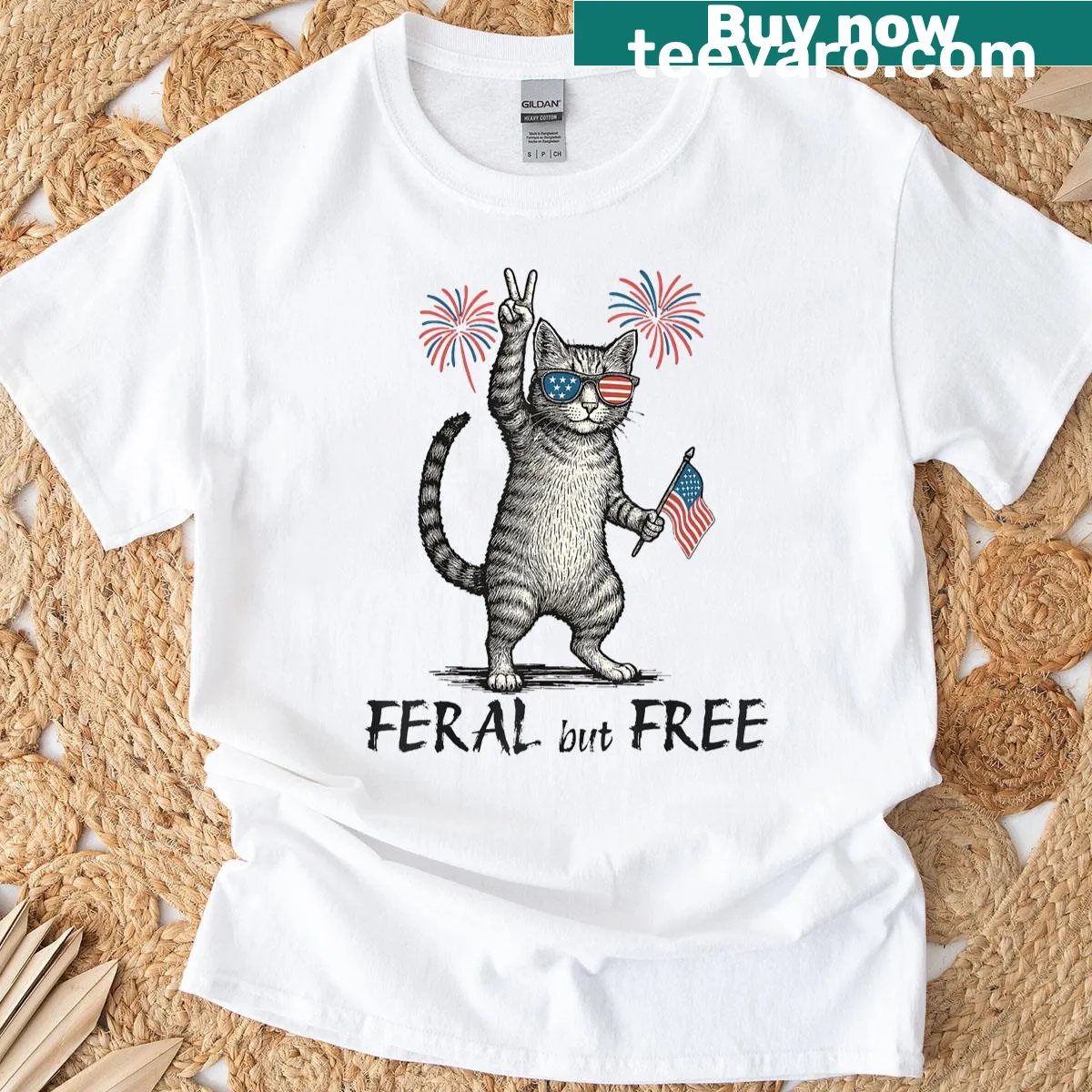 Funny cat graphic with fireworks for Fourth of July — on a men's t-shirt