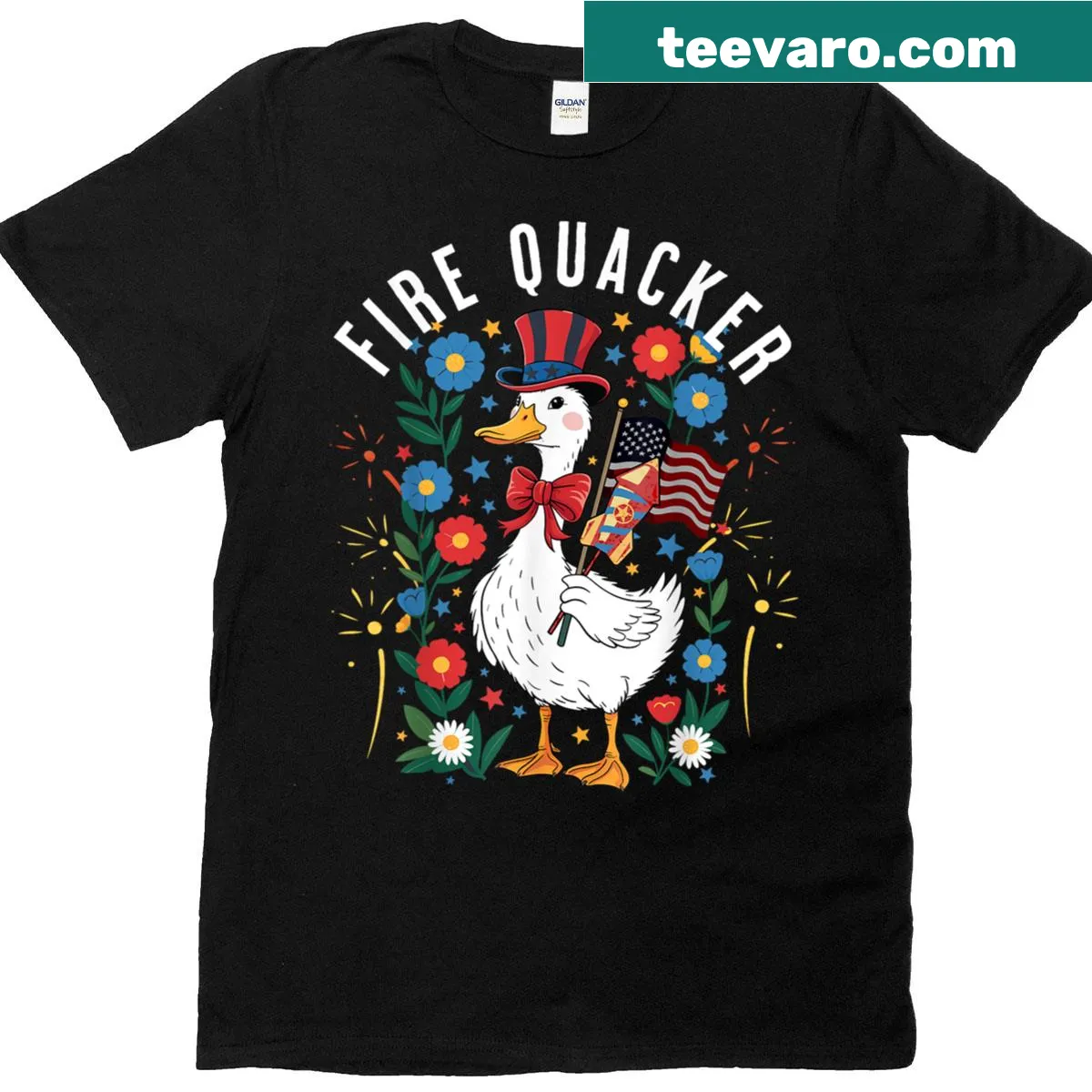Boho-style T-shirt with a floral duck illustration for Fourth of July — on a men's t-shirt
