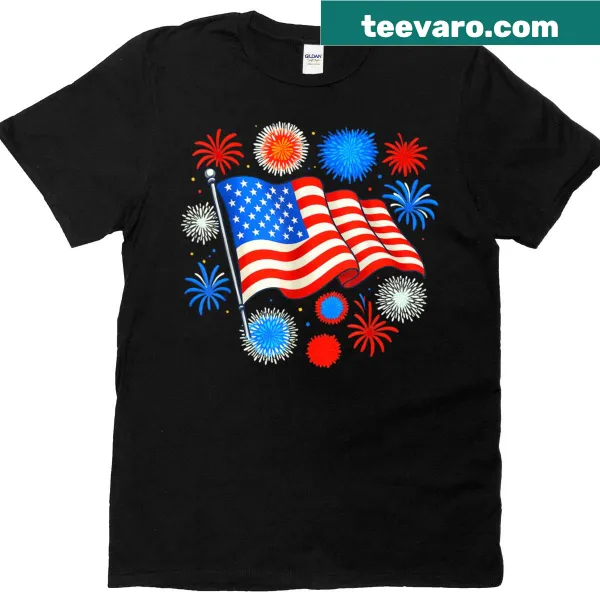 Fourth of July T-shirt with fireworks and American flag design