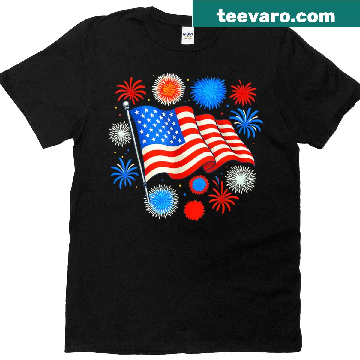 Fourth of July T-shirt with fireworks and American flag design — on a men's t-shirt
